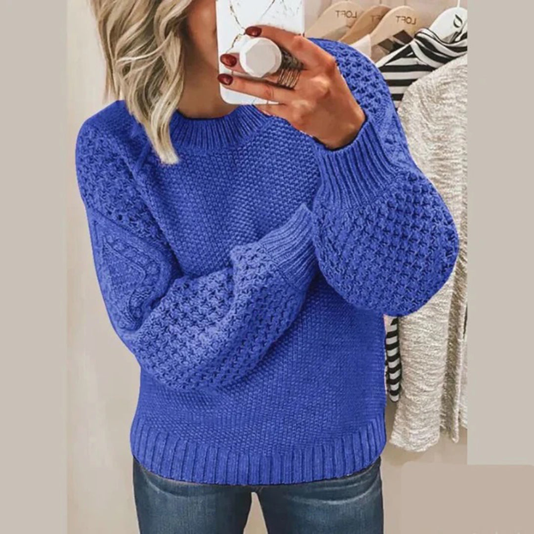 Women's Textured Knit Sweater Mock Neck Waffle Sleeve Drop-Shoulder Relaxed