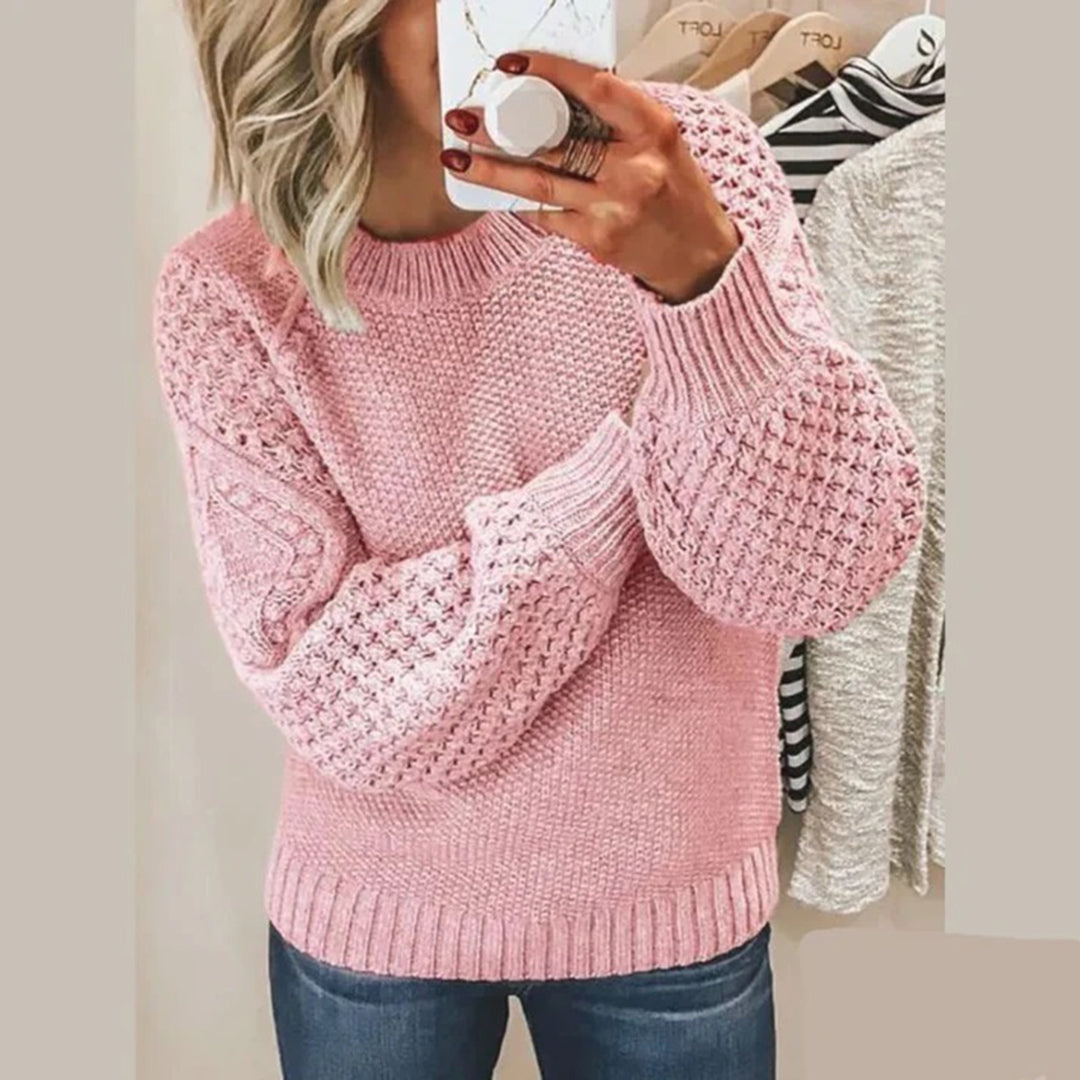 Women's Textured Knit Sweater Mock Neck Waffle Sleeve Drop-Shoulder Relaxed