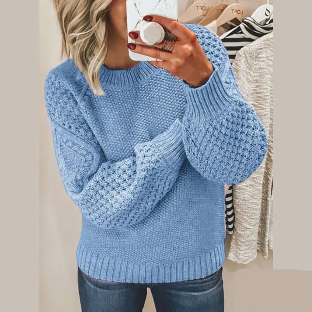 Women's Textured Knit Sweater Mock Neck Waffle Sleeve Drop-Shoulder Relaxed