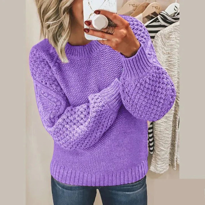 Women's Textured Knit Sweater Mock Neck Waffle Sleeve Drop-Shoulder Relaxed