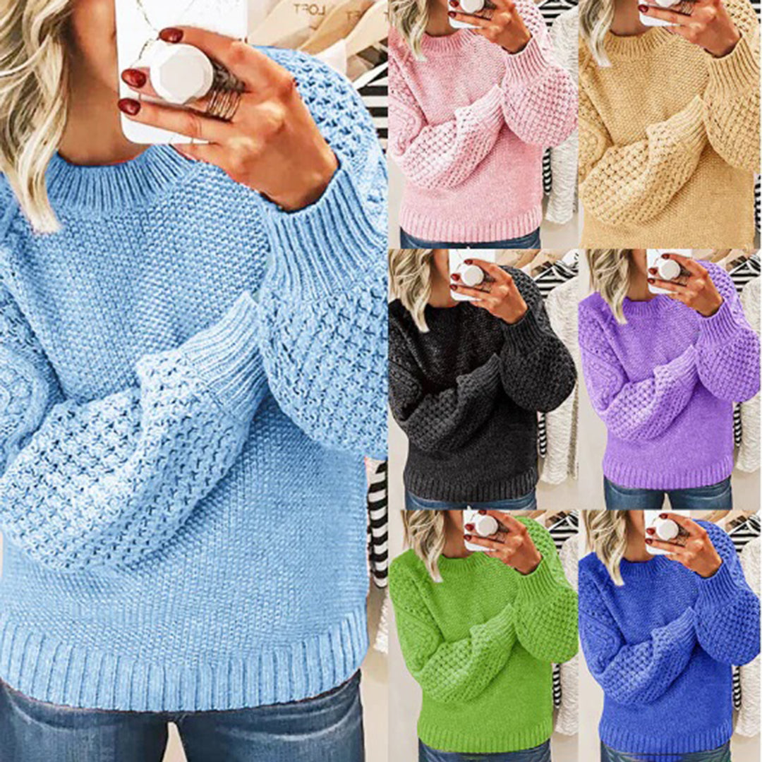Women's Textured Knit Sweater Mock Neck Waffle Sleeve Drop-Shoulder Relaxed