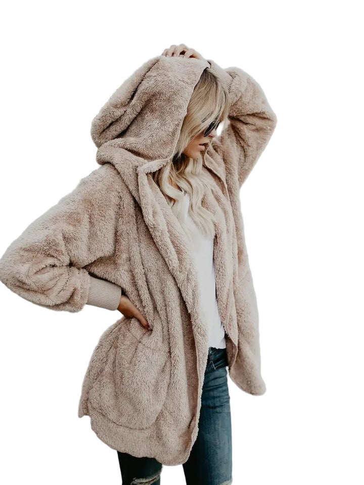 Women's Taupe Sherpa Fleece Hooded Jacket Open-Front Oversized Cozy