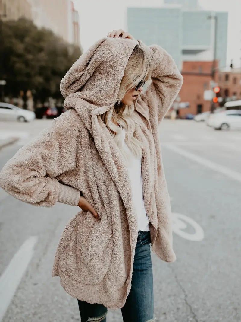 Women's Taupe Sherpa Fleece Hooded Jacket Open-Front Oversized Cozy