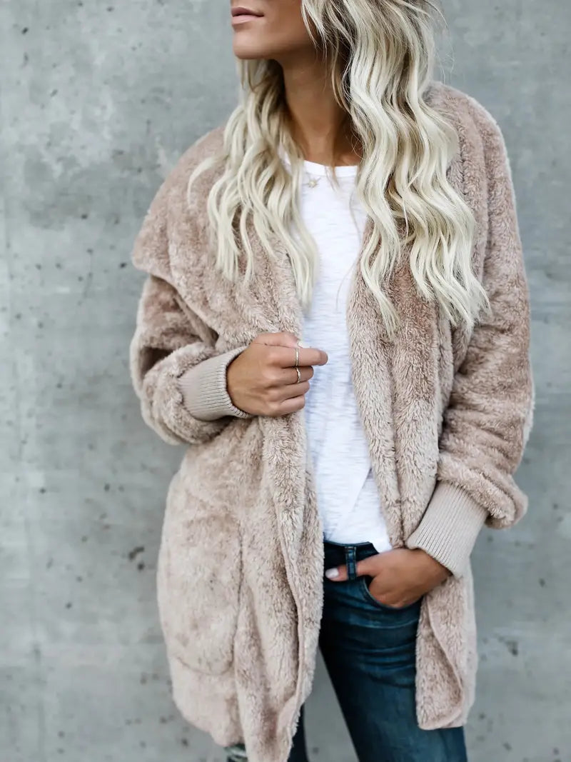 Women's Taupe Sherpa Fleece Hooded Jacket Open-Front Oversized Cozy