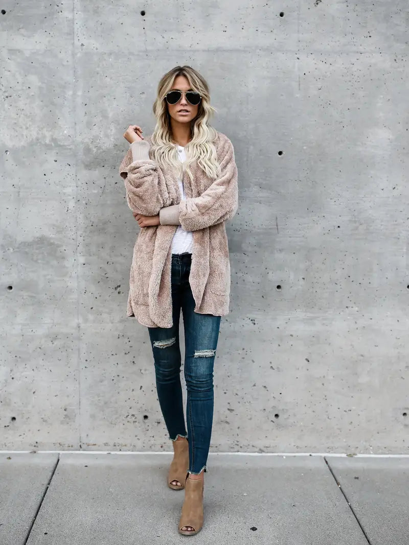 Women's Taupe Sherpa Fleece Hooded Jacket Open-Front Oversized Cozy