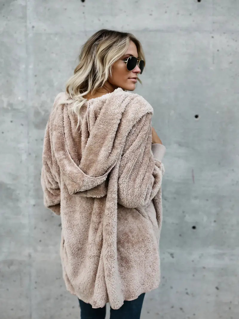 Women's Taupe Sherpa Fleece Hooded Jacket Open-Front Oversized Cozy