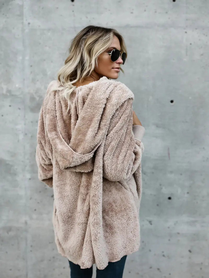 Women's Taupe Sherpa Fleece Hooded Jacket Open-Front Oversized Cozy