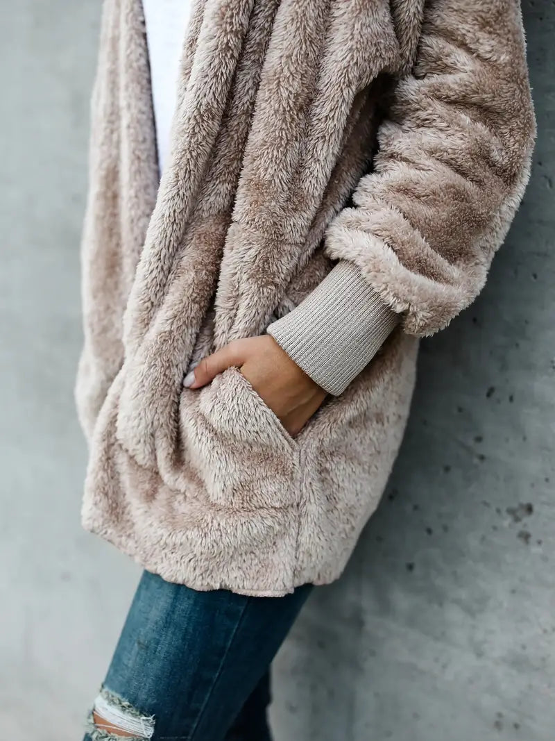Women's Taupe Sherpa Fleece Hooded Jacket Open-Front Oversized Cozy