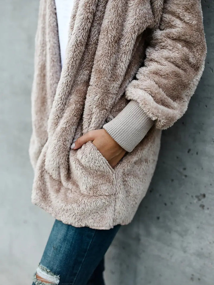Women's Taupe Sherpa Fleece Hooded Jacket Open-Front Oversized Cozy