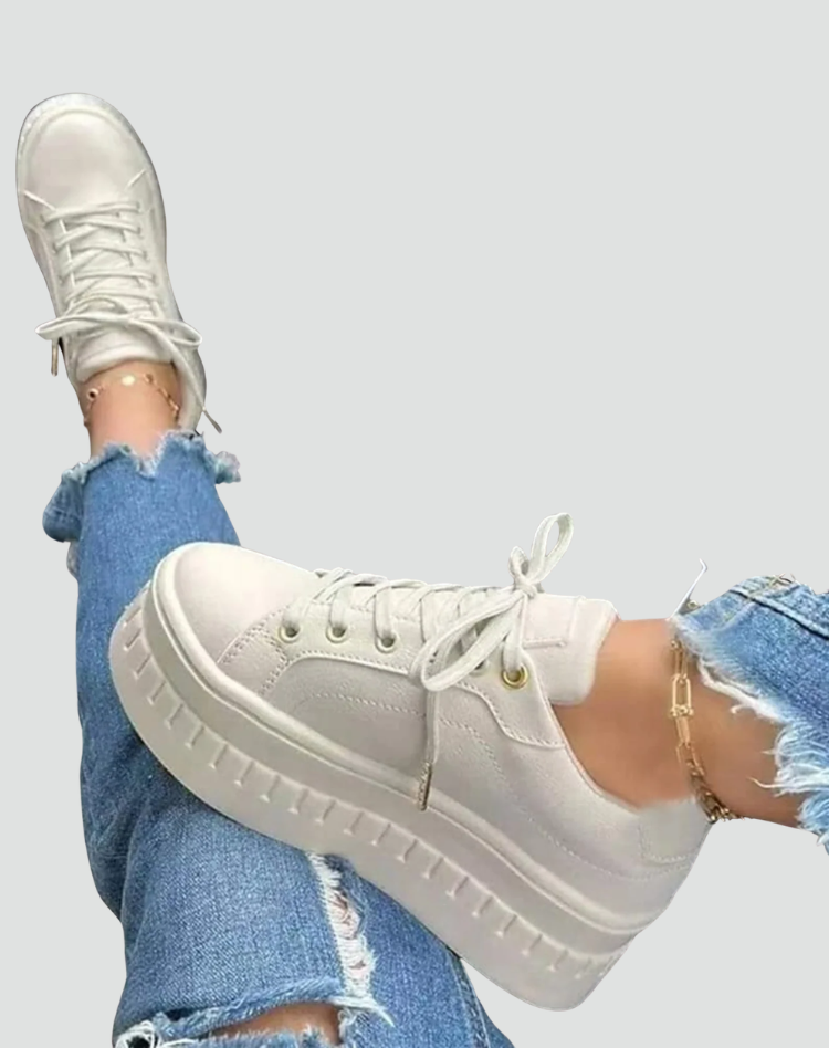 Women's Leather Platform Sneakers Lace-Up Chunky Sole Casual Skate Walking