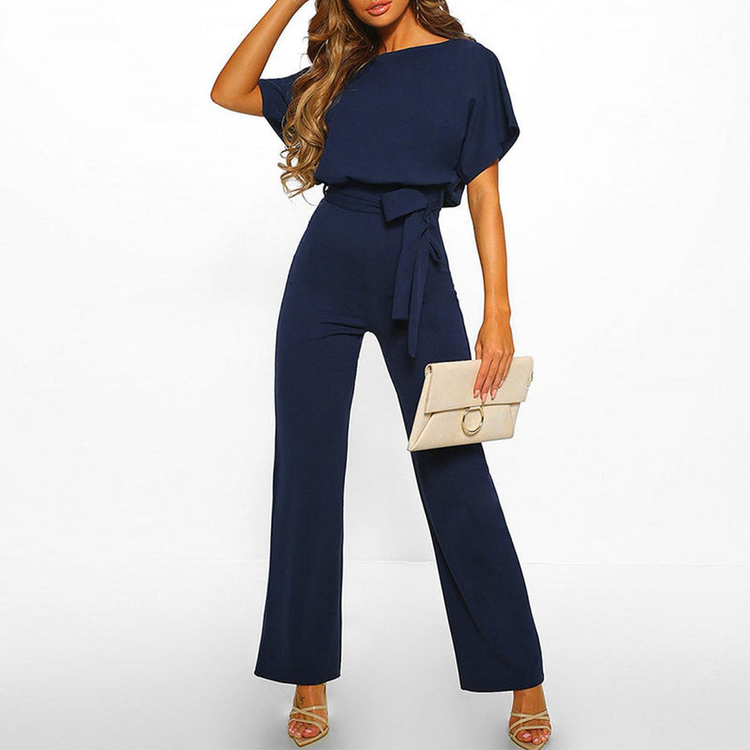 Women's Wide Leg Jumpsuit Short Sleeve Boat Neck Belted Tie-Waist Casual