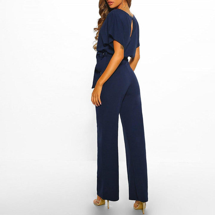 Women's Wide Leg Jumpsuit Short Sleeve Boat Neck Belted Tie-Waist Casual