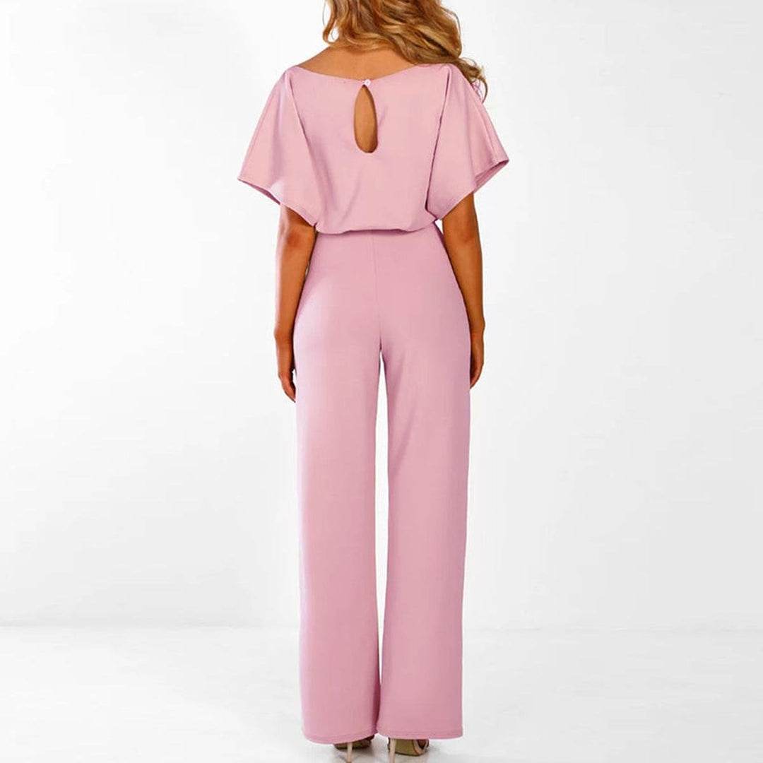 Women's Wide Leg Jumpsuit Short Sleeve Boat Neck Belted Tie-Waist Casual
