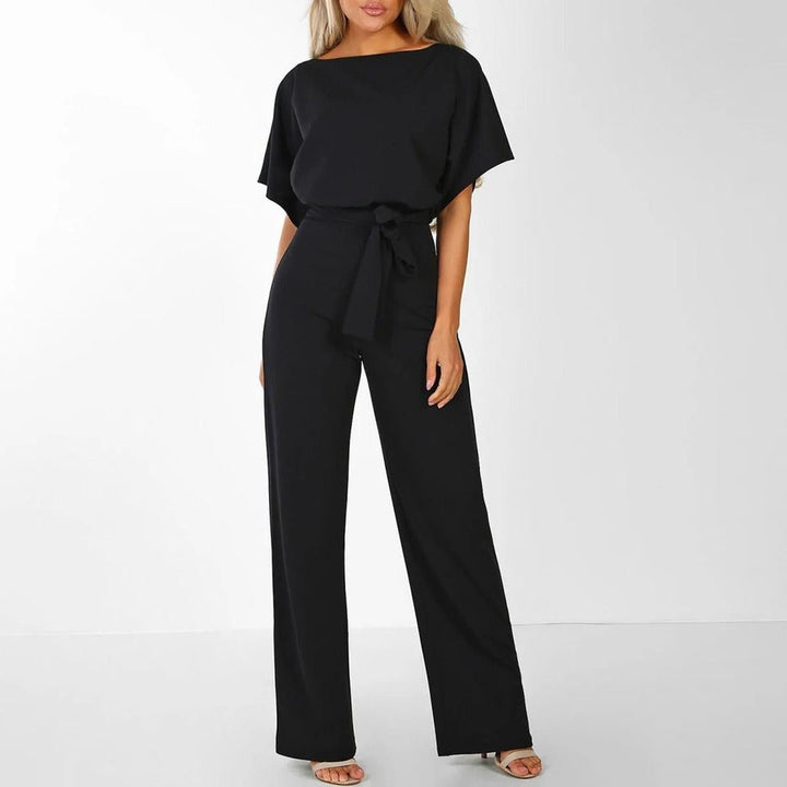 Women's Wide Leg Jumpsuit Short Sleeve Boat Neck Belted Tie-Waist Casual