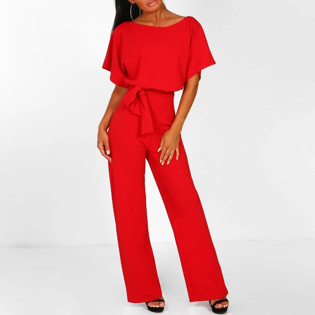 Women's Wide Leg Jumpsuit Short Sleeve Boat Neck Belted Tie-Waist Casual
