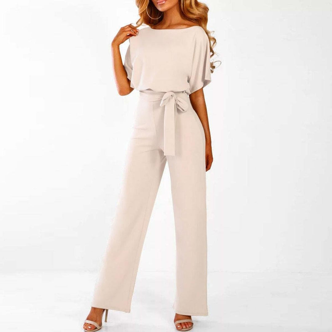 Women's Wide Leg Jumpsuit Short Sleeve Boat Neck Belted Tie-Waist Casual