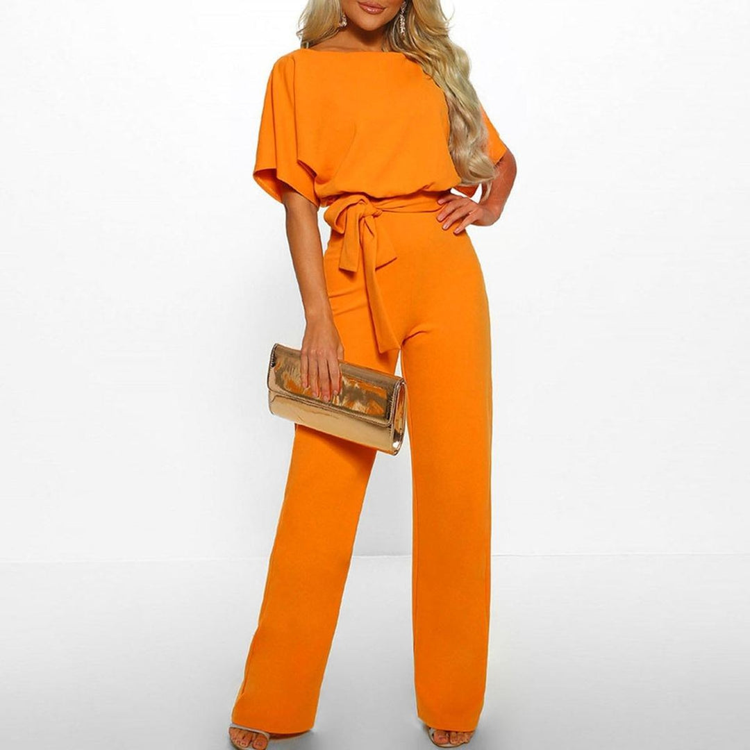 Women's Wide Leg Jumpsuit Short Sleeve Boat Neck Belted Tie-Waist Casual