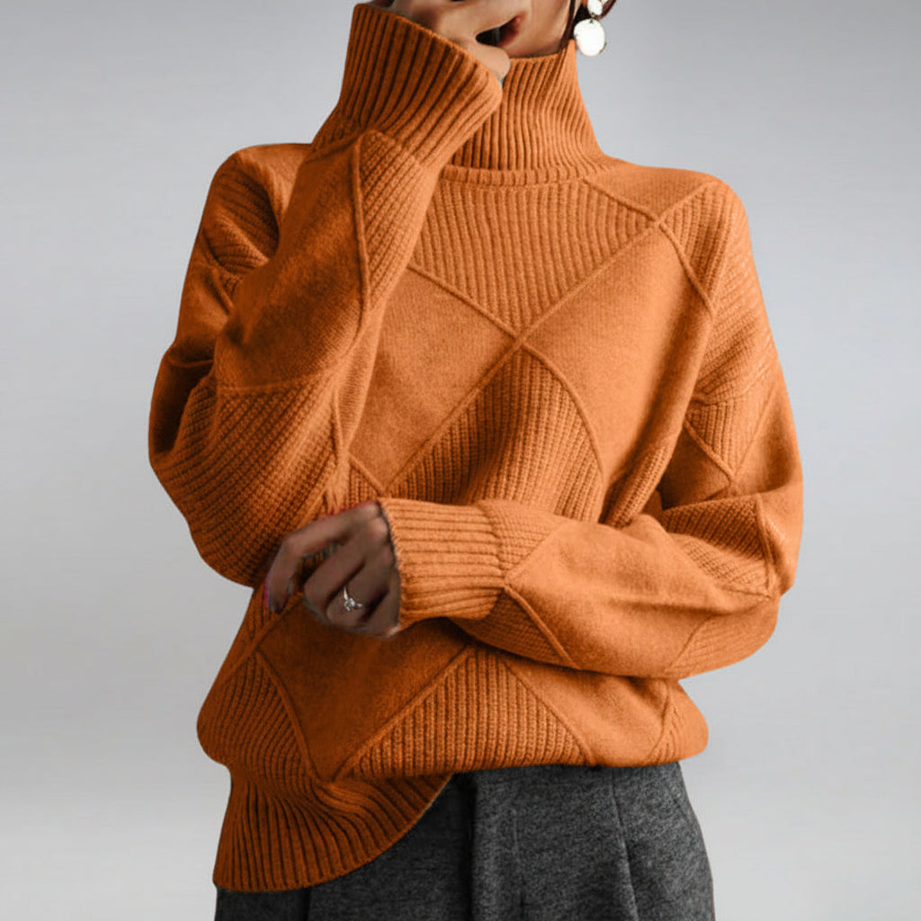 Women's Turtleneck Knit Sweater Long-Sleeve Diamond Textured Relaxed Pullover Winter Warm