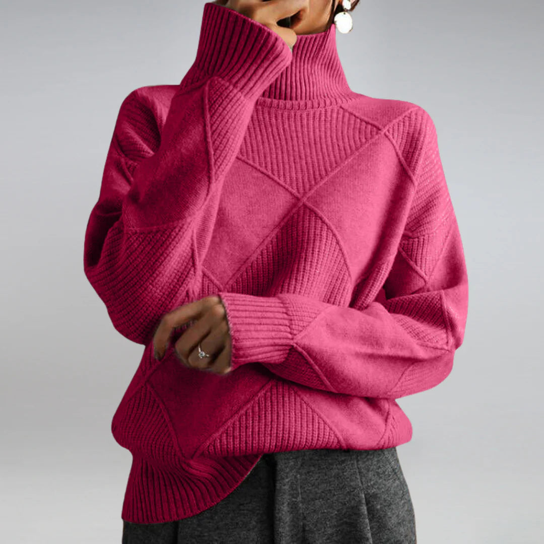 Women's Turtleneck Knit Sweater Long-Sleeve Diamond Textured Relaxed Pullover Winter Warm