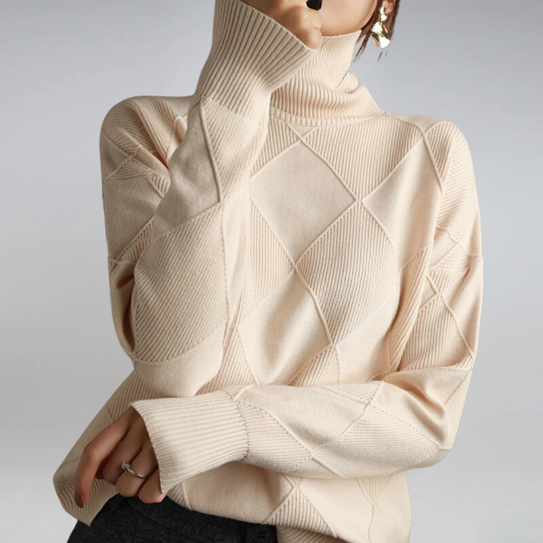 Women's Turtleneck Knit Sweater Long-Sleeve Diamond Textured Relaxed Pullover Winter Warm