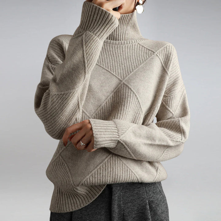 Women's Turtleneck Knit Sweater Long-Sleeve Diamond Textured Relaxed Pullover Winter Warm