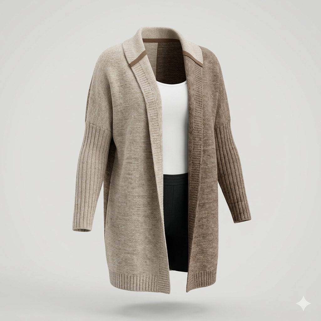Women's Brown Hooded Knit Cardigan Longline Open-Front Ribbed Oversized