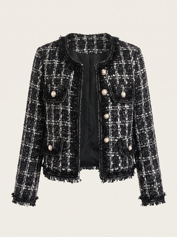 Women's Bouclé Tweed Cropped Jacket Fringe-Trim Collarless Open-Front Gold-Button