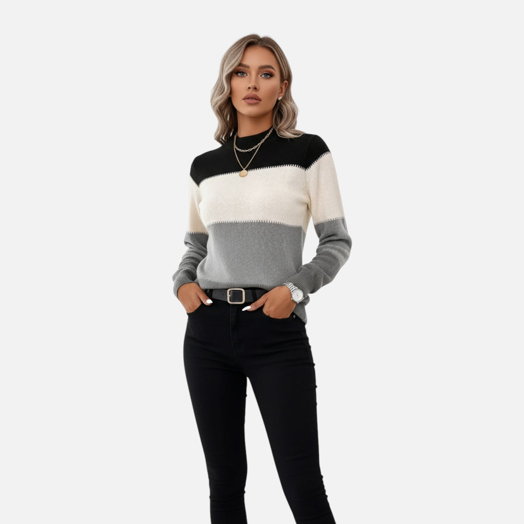 Women's Colorblock Knit Sweater Mock Neck Long-Sleeve Fitted Whipstitch Pullover