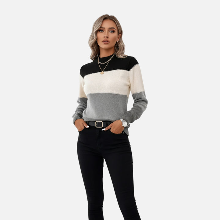 Women's Colorblock Knit Sweater Mock Neck Long-Sleeve Fitted Whipstitch Pullover