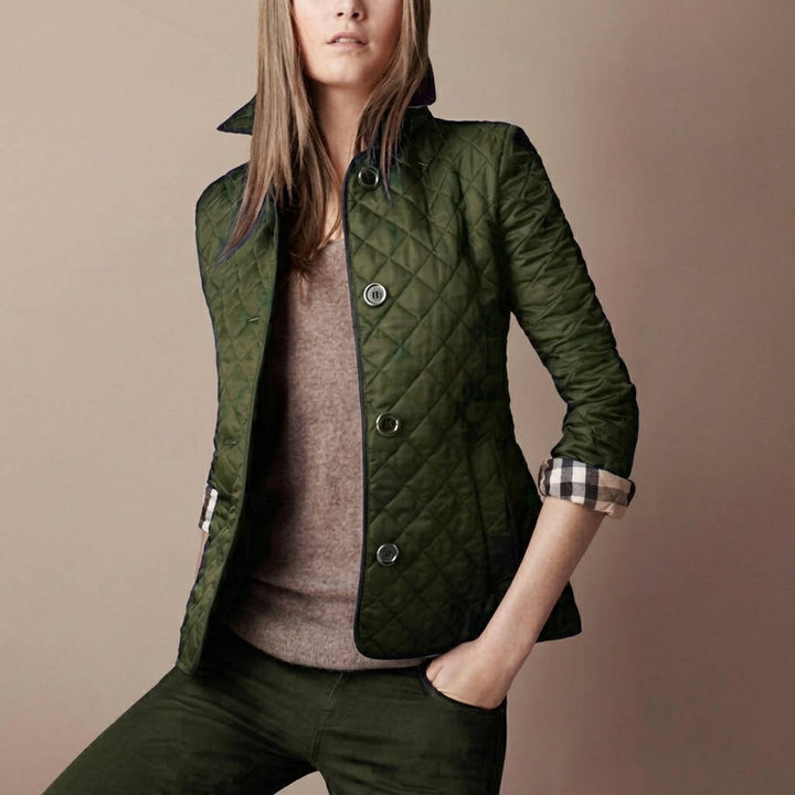 Women's Diamond Quilted Jacket Stand Collar Button-Front Lightweight Padded Winter Coat