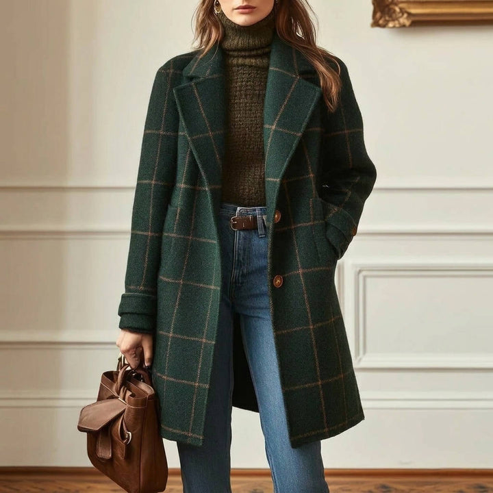 Women's Tweed Wool Coat Plaid Notch Lapel Button-Front Retro Long Winter Overcoat