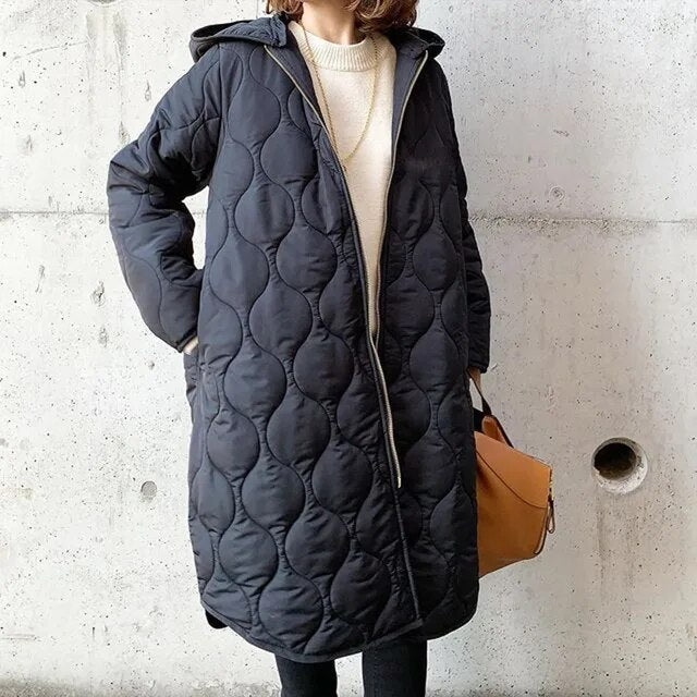 Women's Long Padded Hooded Parka Coat Zip-Up Quilted Winter Jacket