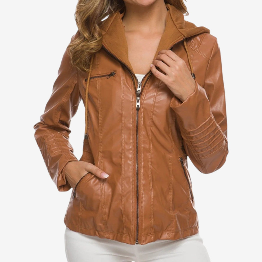 Women's Faux Leather Biker Jacket Hooded Zip-Up Moto Tailored