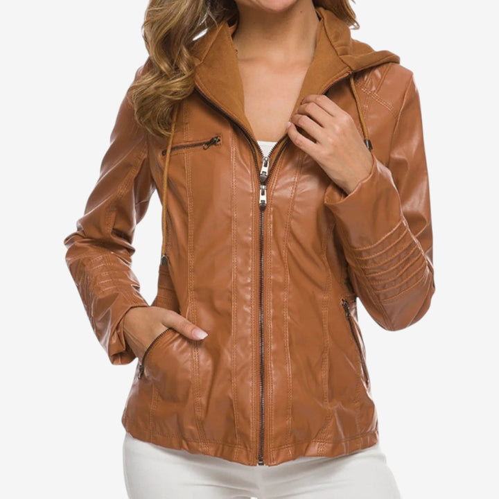 Women's Faux Leather Biker Jacket Hooded Zip-Up Moto Tailored