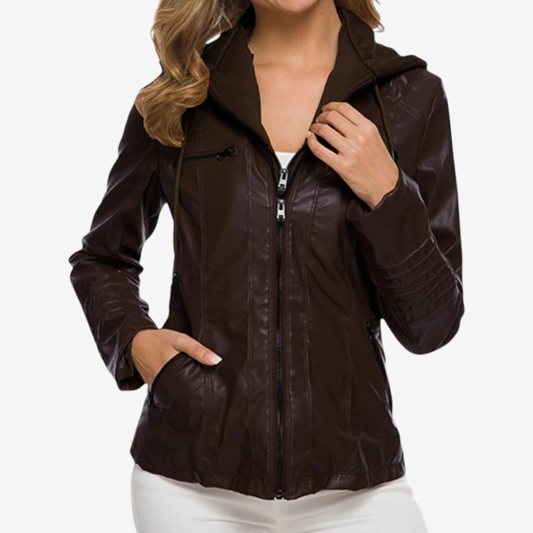 Women's Faux Leather Biker Jacket Hooded Zip-Up Moto Tailored