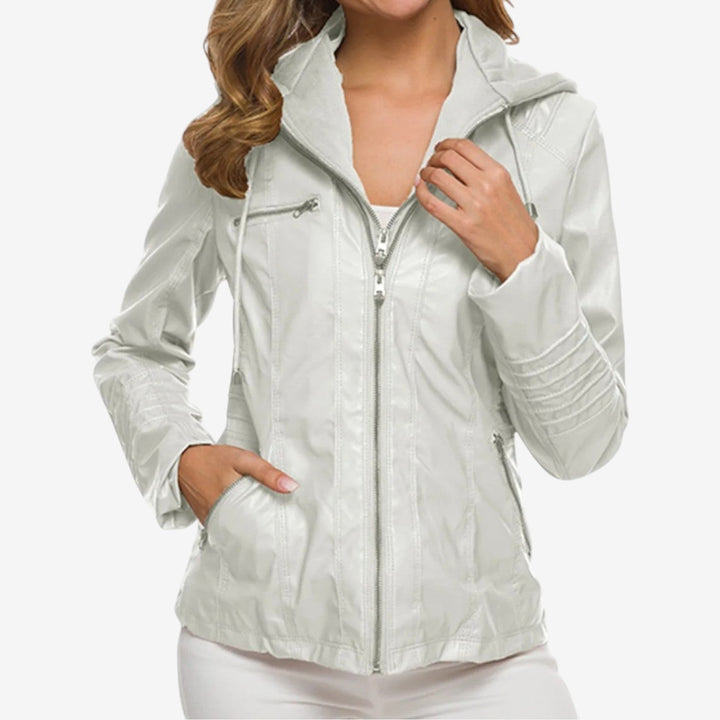 Women's Faux Leather Biker Jacket Hooded Zip-Up Moto Tailored