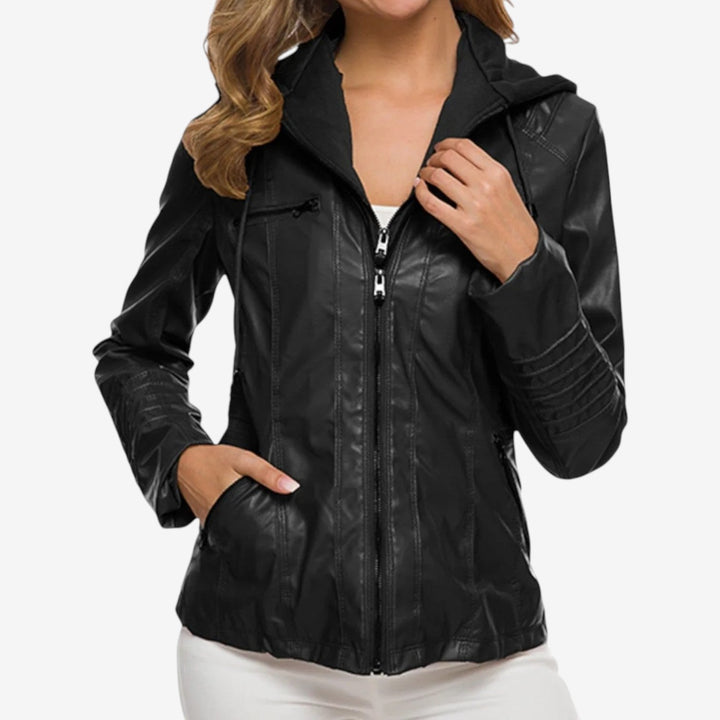 Women's Faux Leather Biker Jacket Hooded Zip-Up Moto Tailored