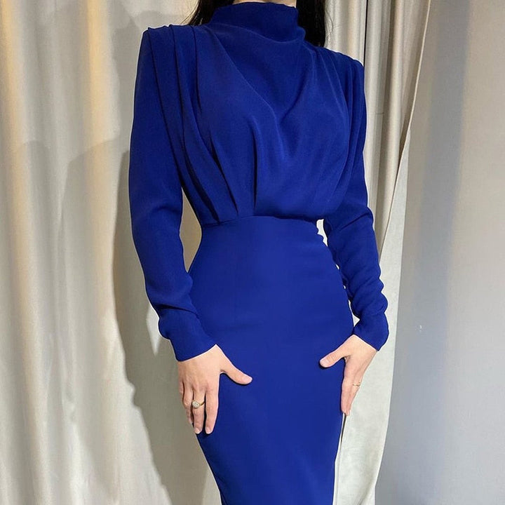 Women's Bodycon Maxi Dress High Neck Ruched Long Sleeve Slim Elegant
