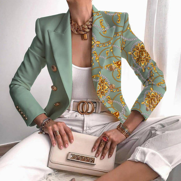 Women's Contrast Panel Baroque Print Blazer Double-Breasted Notch Lapel Work