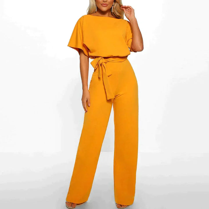 Women's Belted Wide Leg Jumpsuit Short Sleeve Boat Neck Straight Casual