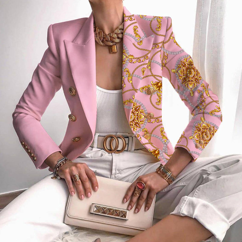 Women's Contrast Panel Baroque Print Blazer Double-Breasted Notch Lapel Work