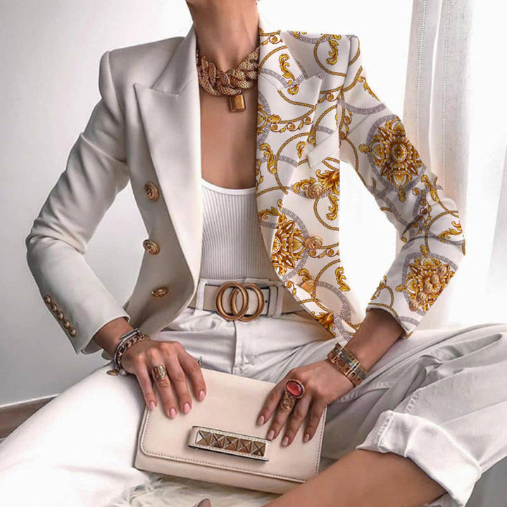 Women's Contrast Panel Baroque Print Blazer Double-Breasted Notch Lapel Work