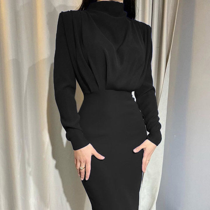 Women's Bodycon Maxi Dress High Neck Ruched Long Sleeve Slim Elegant