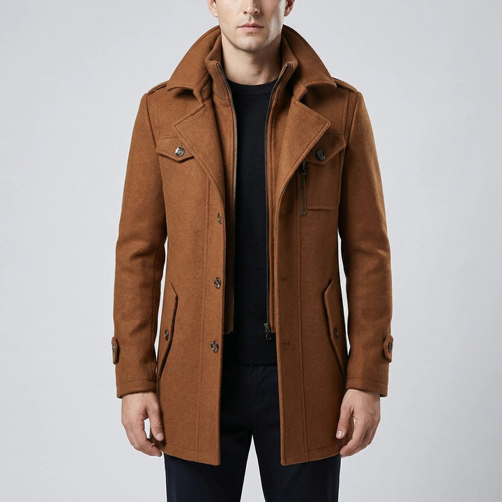 Men's Wool Blend Coat Mid-Length Layered Collar Button-Zip Winter