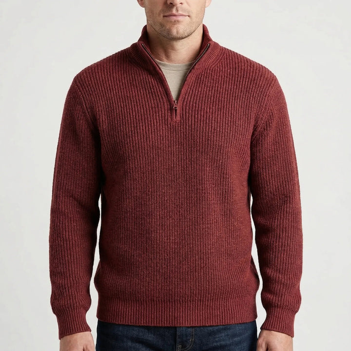 Men's Half-Zip Ribbed Knit Sweater Stand Collar Pullover Relaxed