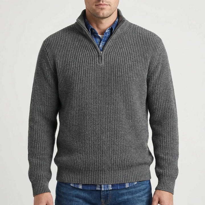 Men's Half-Zip Ribbed Knit Sweater Stand Collar Pullover Relaxed