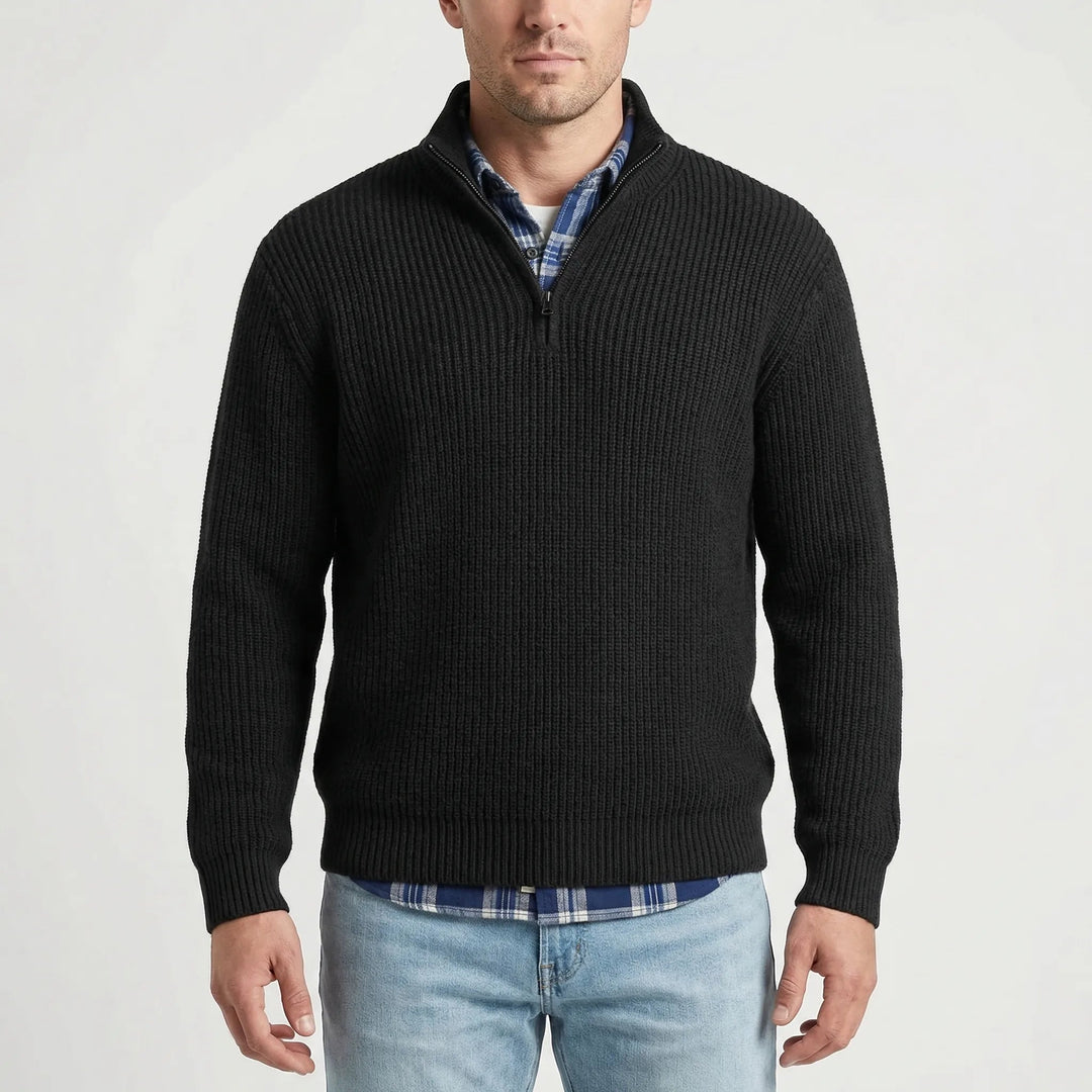 Men's Half-Zip Ribbed Knit Sweater Stand Collar Pullover Relaxed