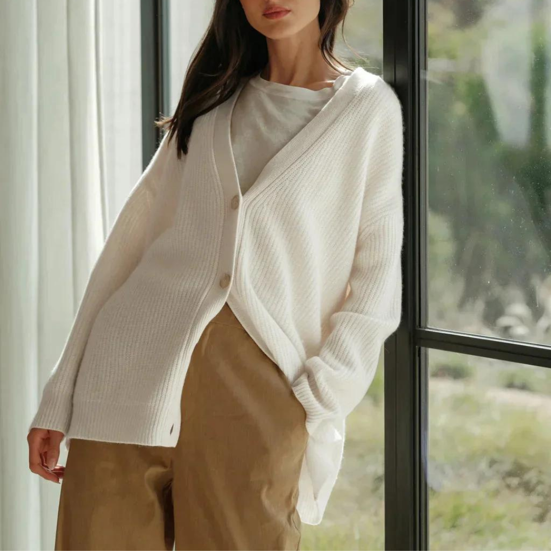 Women's Ribbed Cashmere-Blend Cardigan V-Neck Button-Front Relaxed Longline