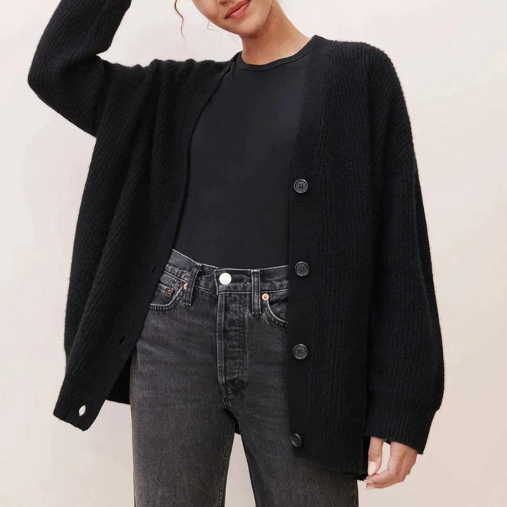 Women's Ribbed Cashmere-Blend Cardigan V-Neck Button-Front Relaxed Longline