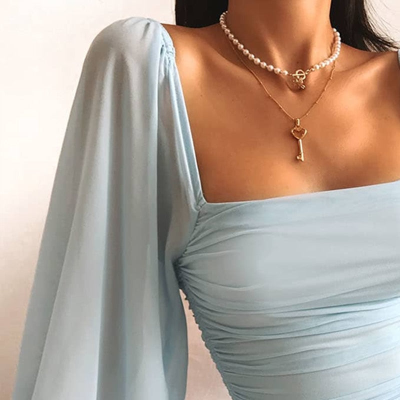 Women's Glitter Bodycon Mini Dress Square Neck Ruched Puff-Sleeve Party